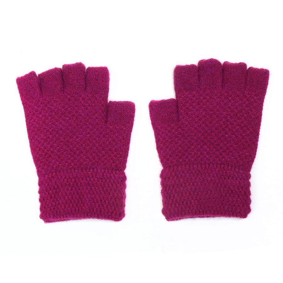 Womens Lace Wool Fingerless Gloves Hand Knitted Pink, Magenta Wool